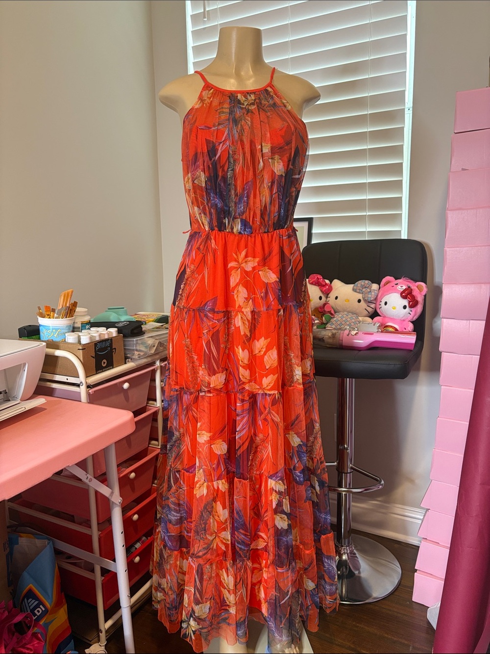 Vibrant Red Floral Halter Neck Maxi Dress